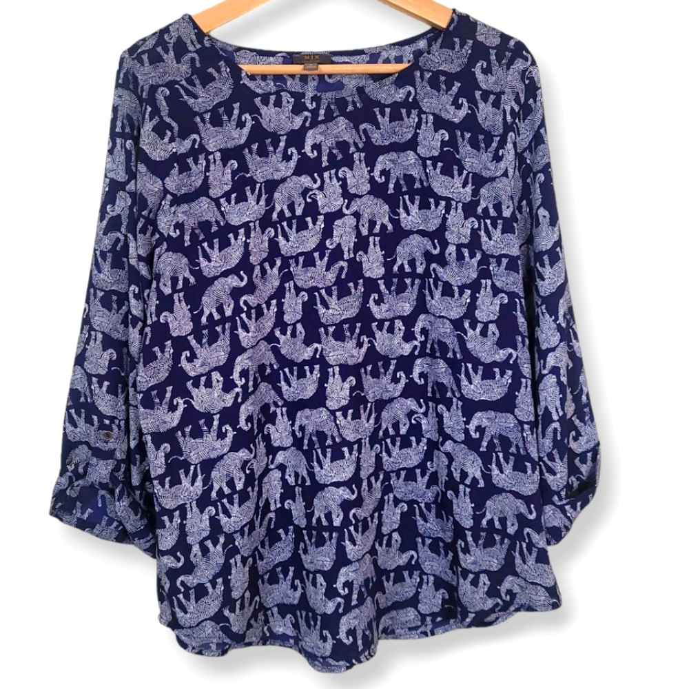 Mix By 41 Hawthorn Stitch Fix Ellie Elephant Print Navy Blue Blouse
